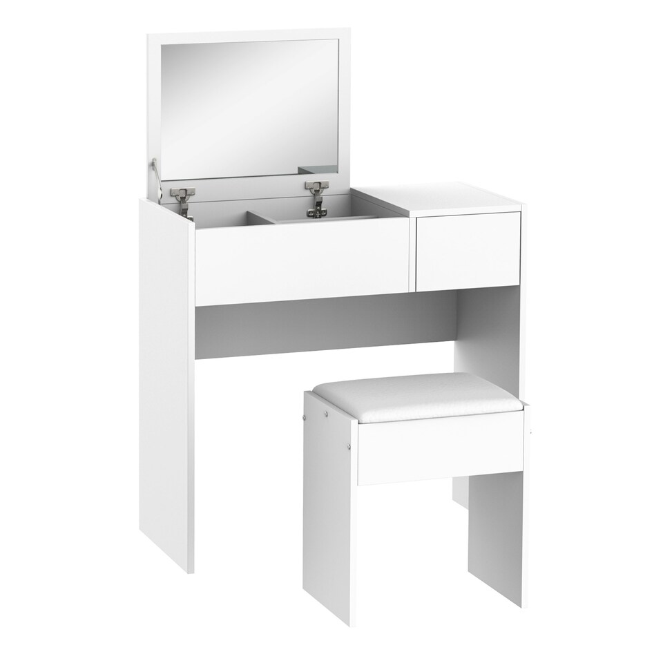 image 1 of HOMCOM Dressing Table Set with Flip-up Mirror Padded Stool Sliding Drawer White
