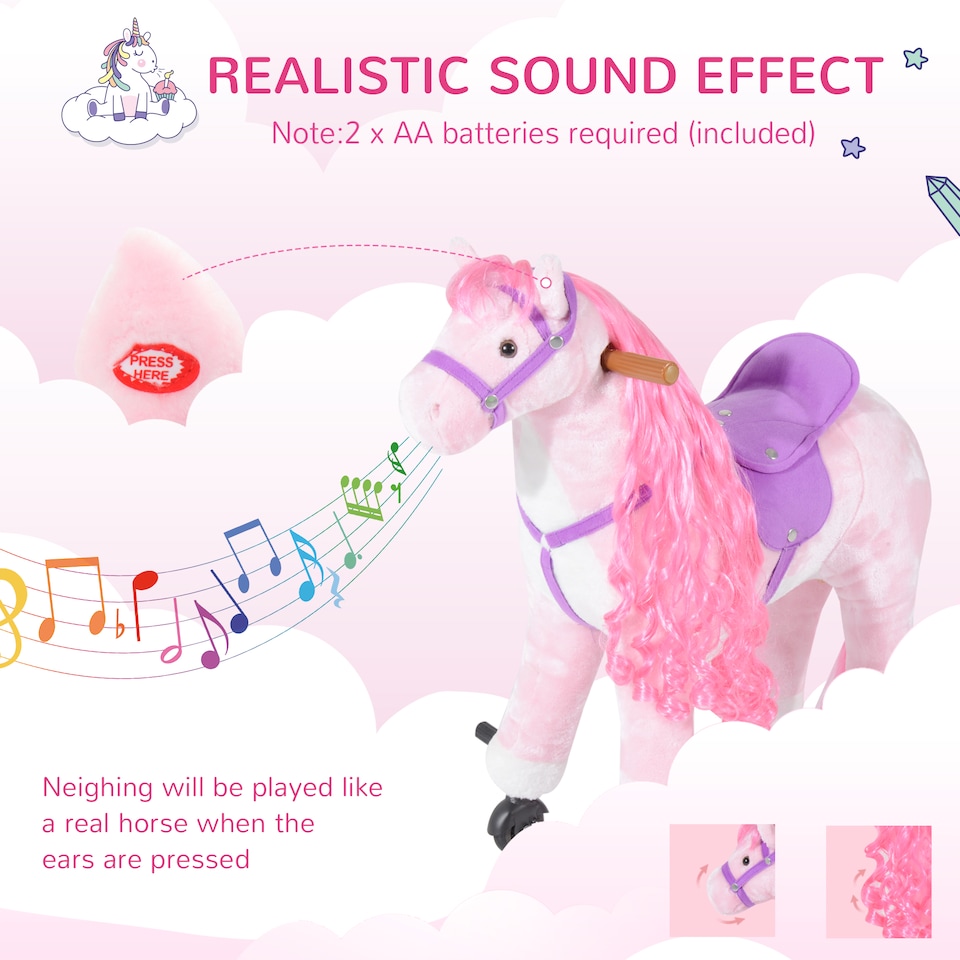 image 1 of HOMCOM Plush Walking Horse Ride On Toy with Wheels and Realistic Sounds Rocking Horse for Girls Boys 2 Plus Years Old, 50cm Tall, Pink
