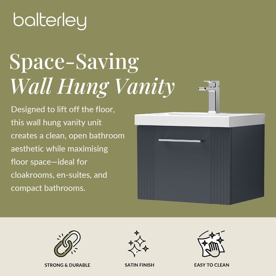 image 1 of Balterley Partial Fluted 1 Drawer Wall Hung Vanity Unit with Mid-Edge 1 Tap Hole Ceramic Basin | Grey | Satin Soft Black