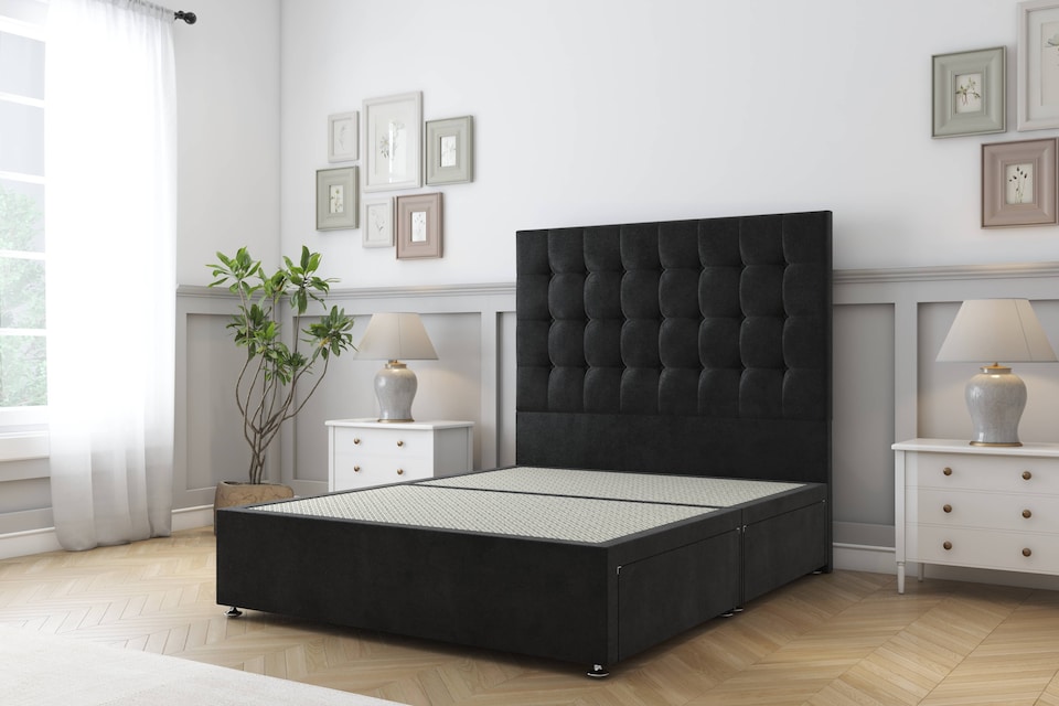 image 1 of Sloomy Alabama Black Plush Divan Bed Base 2 Drawers Same Side With 54 Inch Floor Standing Headboard | Black | Black | Small Single | 1