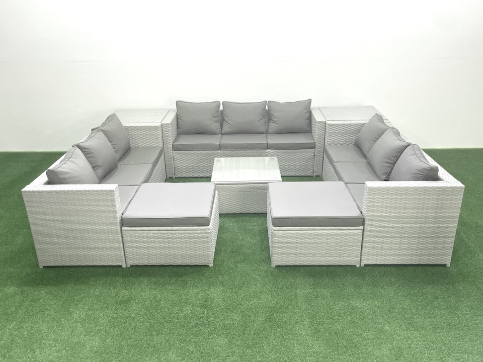 image 1 of Fimous Rattan Garden Outdoor Furniture Set 11 Seater Rattan Garden Sofa Set with 2 Big Footstools 2 Side Tables Light Grey Mixed