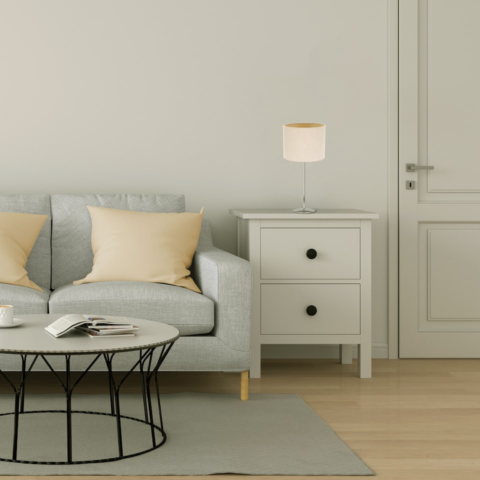 image 1 of Modern Taupe Linen Fabric Small 8 Inch Drum Lamp Shade with Matching Satin Lining | Cream