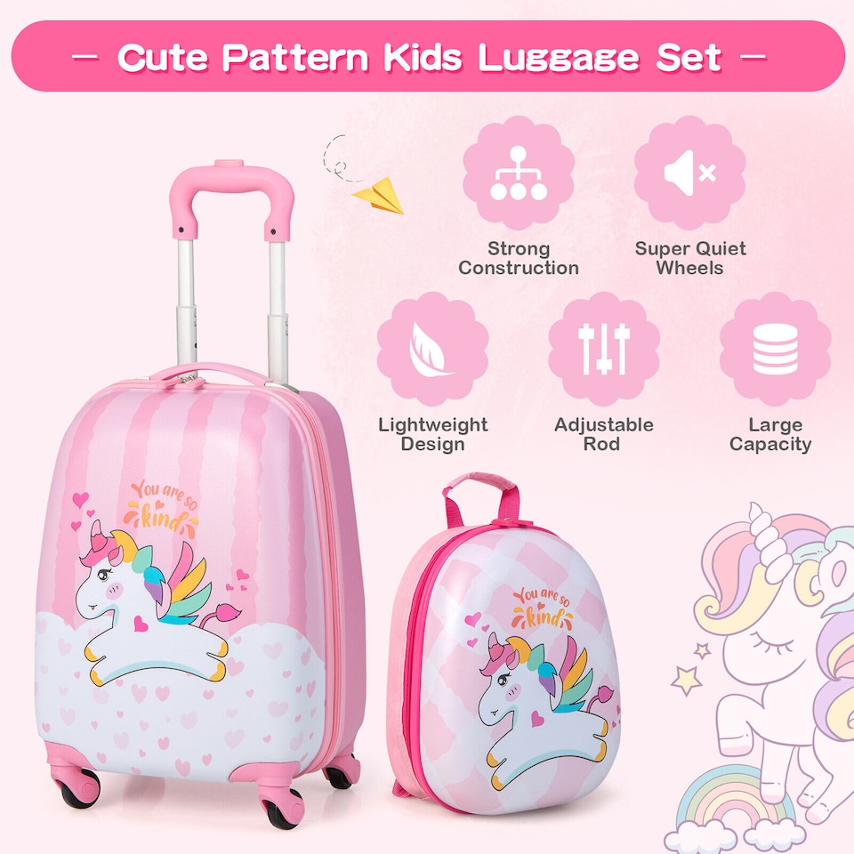 image 1 of COSTWAY 2Pcs Kids Backpack Luggage Set 12'' 16'' Children Carry On Traveling Suitcase
