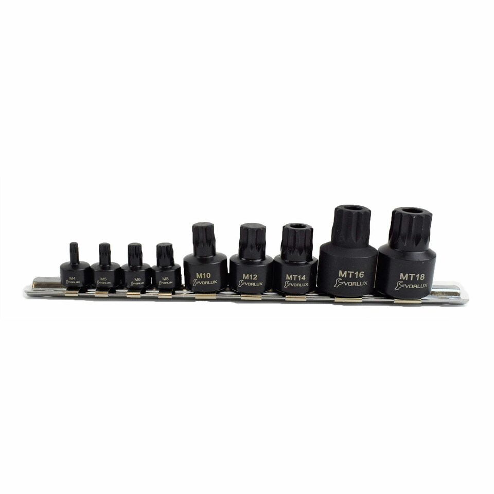 image 1 of 9pc Stubby Impact Triple Square Tamperproof Bit Sockets Spline 1/4" 3/8" 1/2"