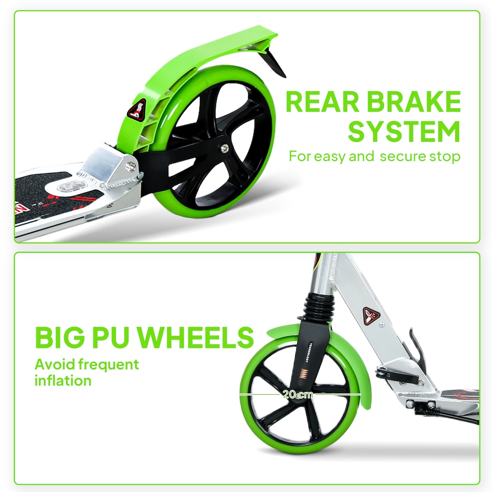image 1 of HOMCOM Folding Kick Scooter, Adjustable Ride On Scooter with 200mm Big Wheels and Double Shock Absorption, Urban Scooter for 14 older Teens Adult, Green | Green | Green | 94L x 38W x 90-105H cm