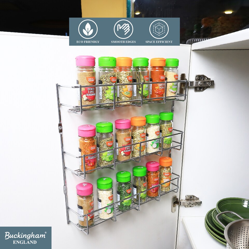 image 1 of Buckingham 3-Tier Spice Rack Cupboard Jar & Packet Organizer for Kitchen Storage 38.5 cm | Silver