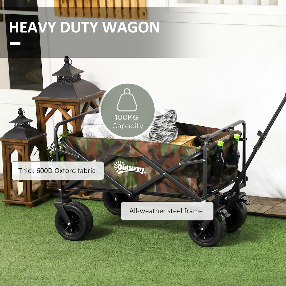 image 1 of Outsunny Foldable Garden Cart, Outdoor Utility Wagon with Carry Bag, Camouflage