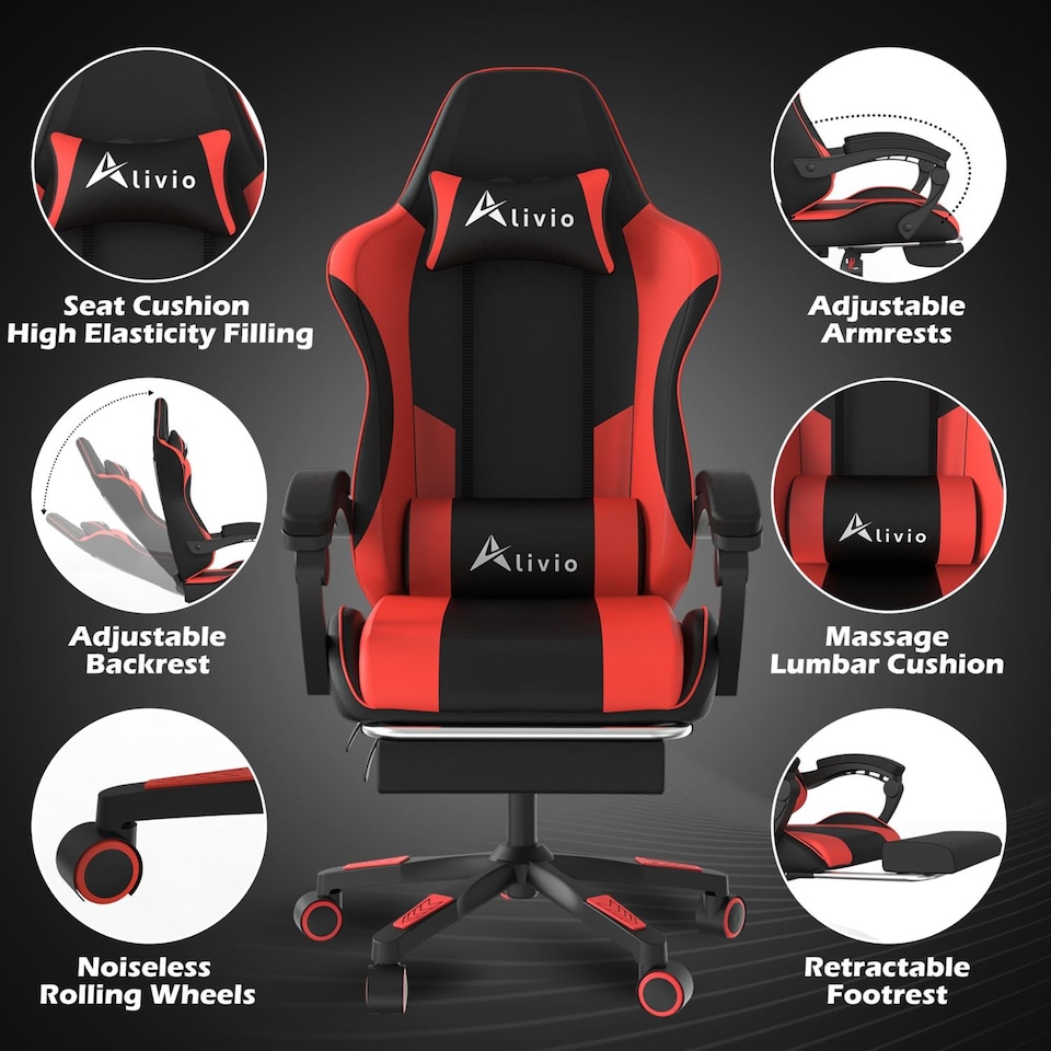 image 1 of Alivio Ergonomic Gaming Chair with Massage Lumbar Cushion & Retractable Footrest, PU Leather Video Game Chair (Red)