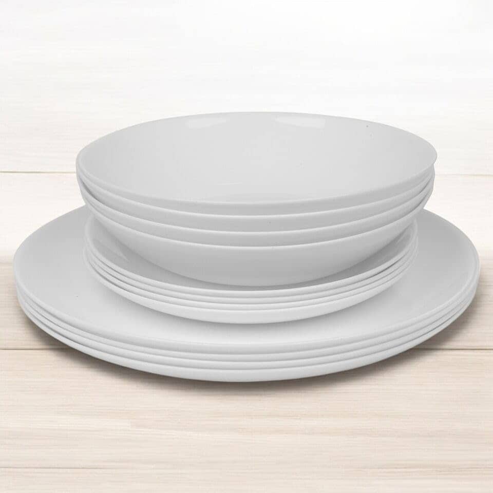 image 1 of White Opal Glass Dinner Set Plates Soup Bowls Dinnerware | White | Luna Dinner - 24 Pcs | 24