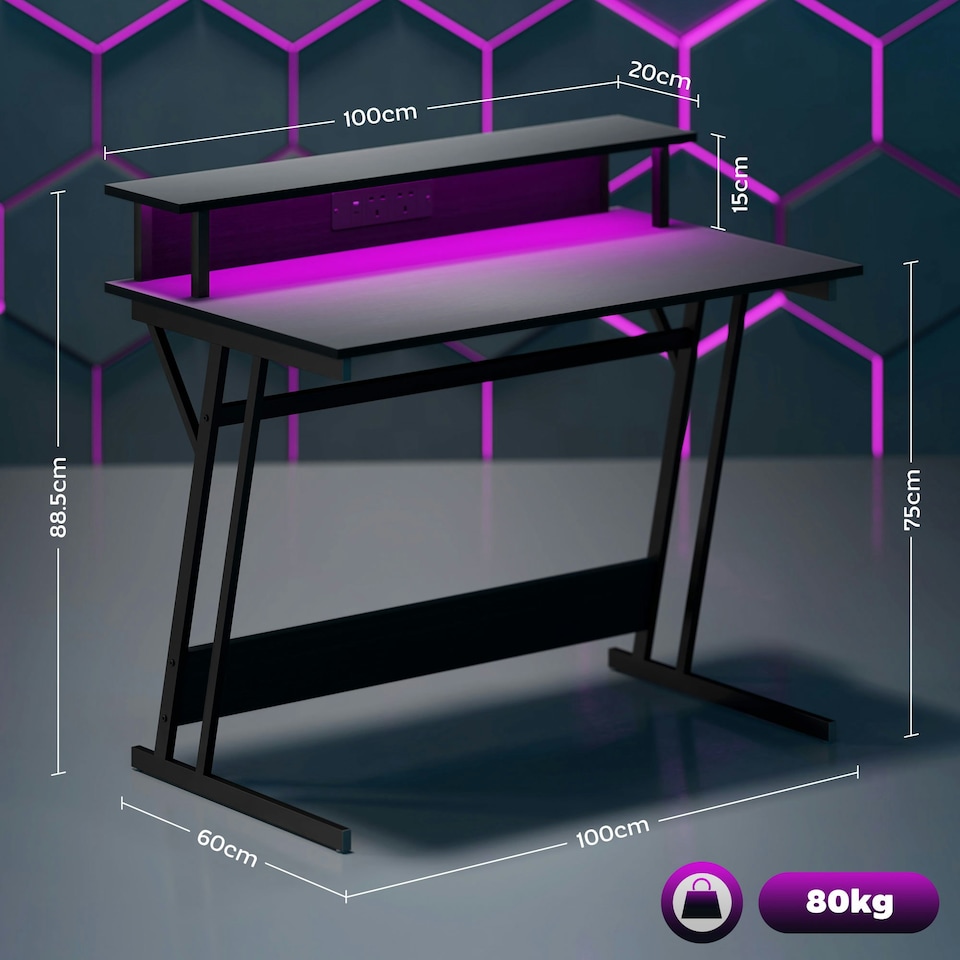 image 1 of HOMCOM LED Gaming Desk with Power Outlets and Monitor Stand 100 x 60cm Black