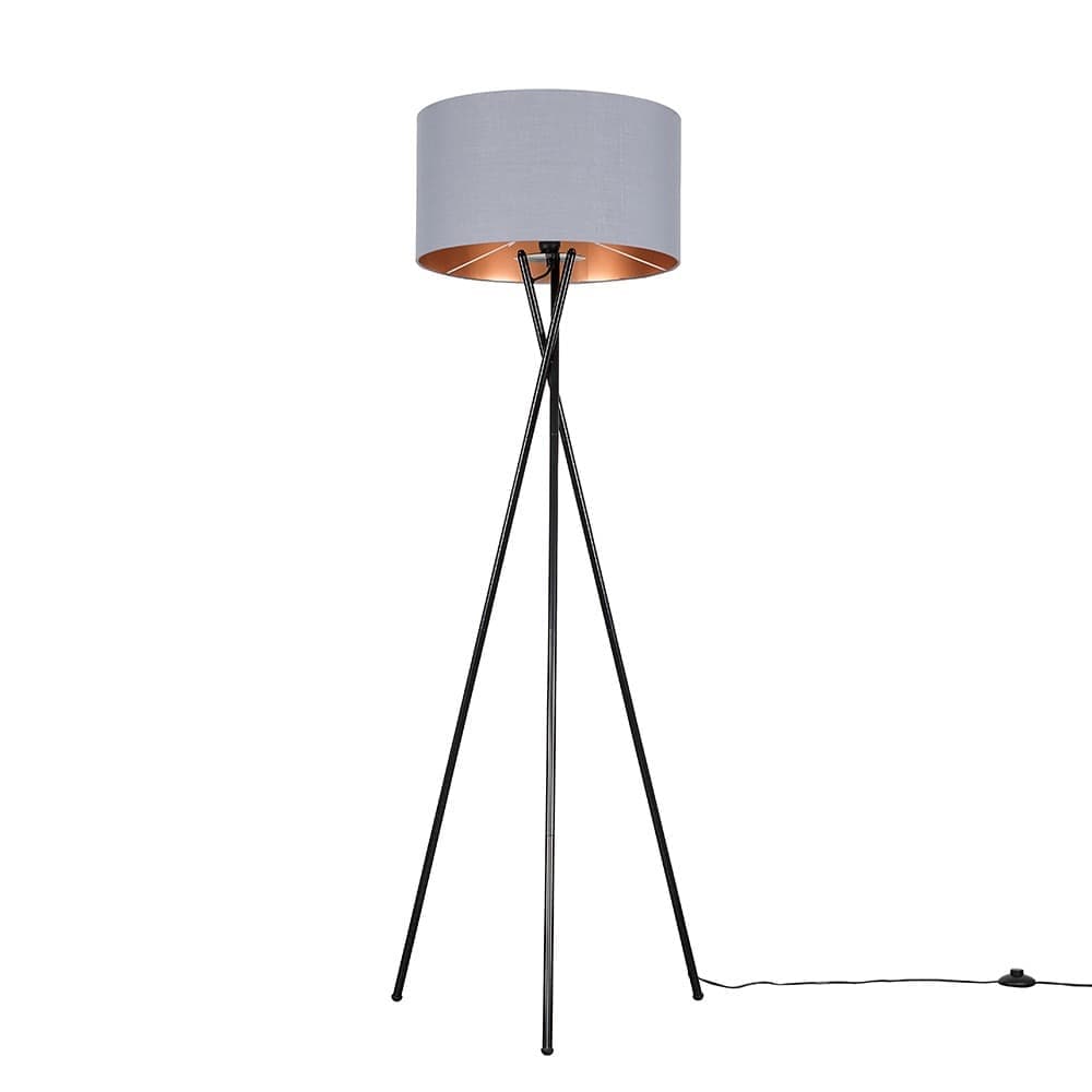 ValueLights Camden Grey & Metallic Inner Shade & Black Tripod Floor Lamp with Bulb in Copper