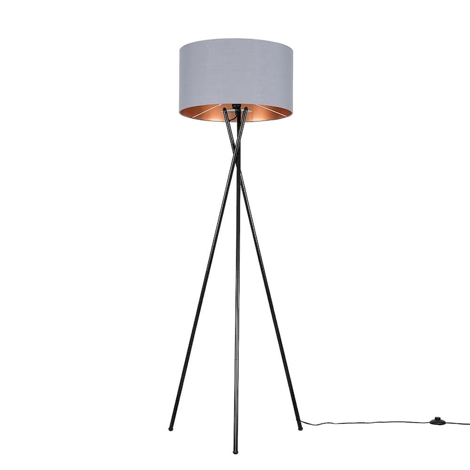 image 1 of ValueLights Camden Black Tripod Floor Lamp Grey & Copper Shade & Bulb | Copper