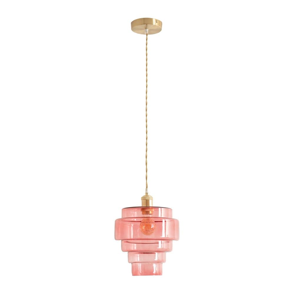 ValueLights Lane Glass 5 Tier Shade Brushed Gold Single Ceiling Pendant Light in Bright Pink