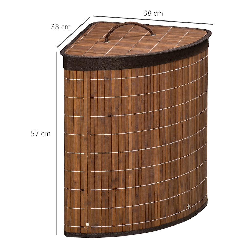 image 1 of HOMCOM Bamboo Laundry Basket with Lid, 55 Litres Laundry Hamper with Removable Washable Lining, Corner Washing Baskets, 38 x 38 x 57cm, Brown | Brown