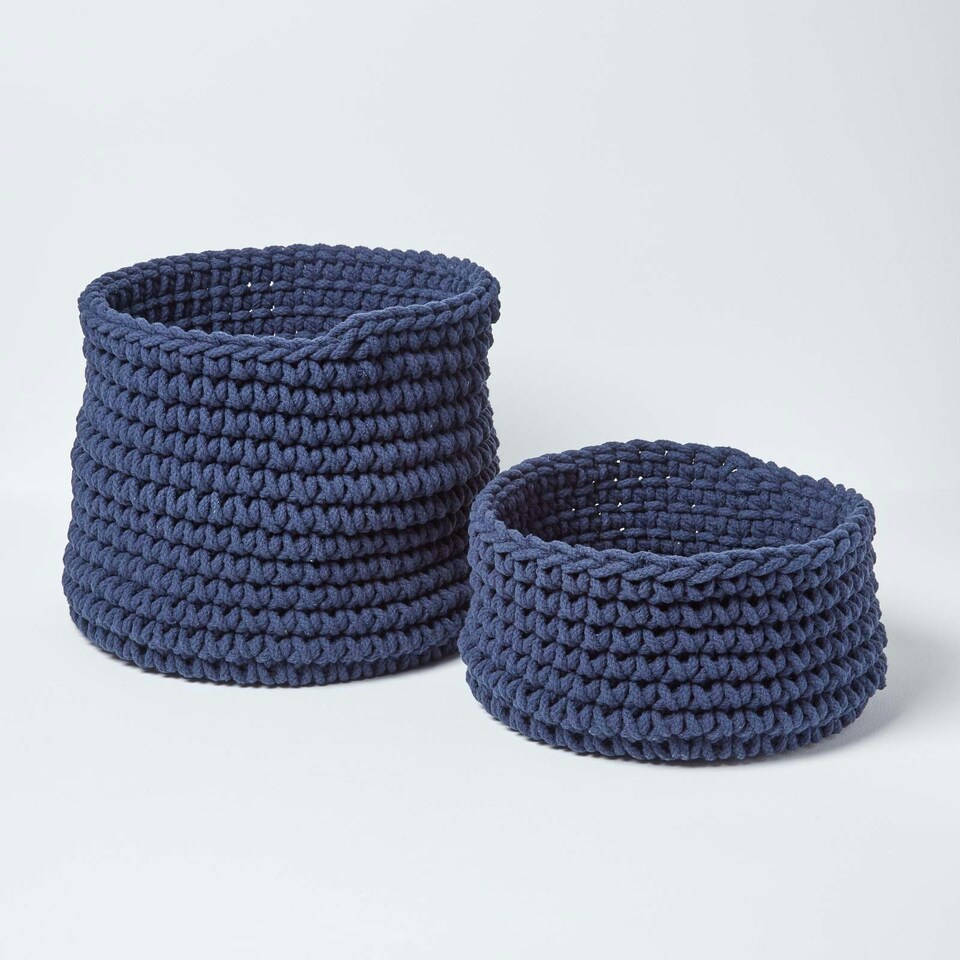 image 1 of Homescapes Navy Blue Cotton Knitted Round Storage Basket - 42 x 37 cm Blue | L