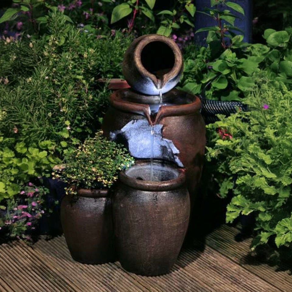 image 1 of Earthenware 3-Tier Honey Pot Water Feature & Planter with Lights 50cm