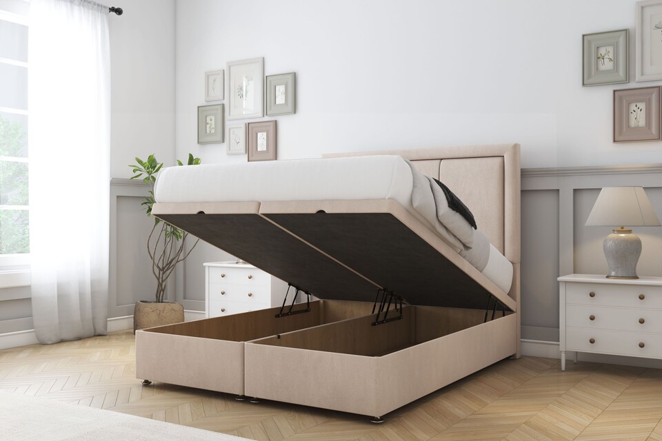 image 1 of Sloomy Lancaster Sand Naples Ottoman Bed With Mattress With 54" Floor Standing Headboard 4'6 Double
