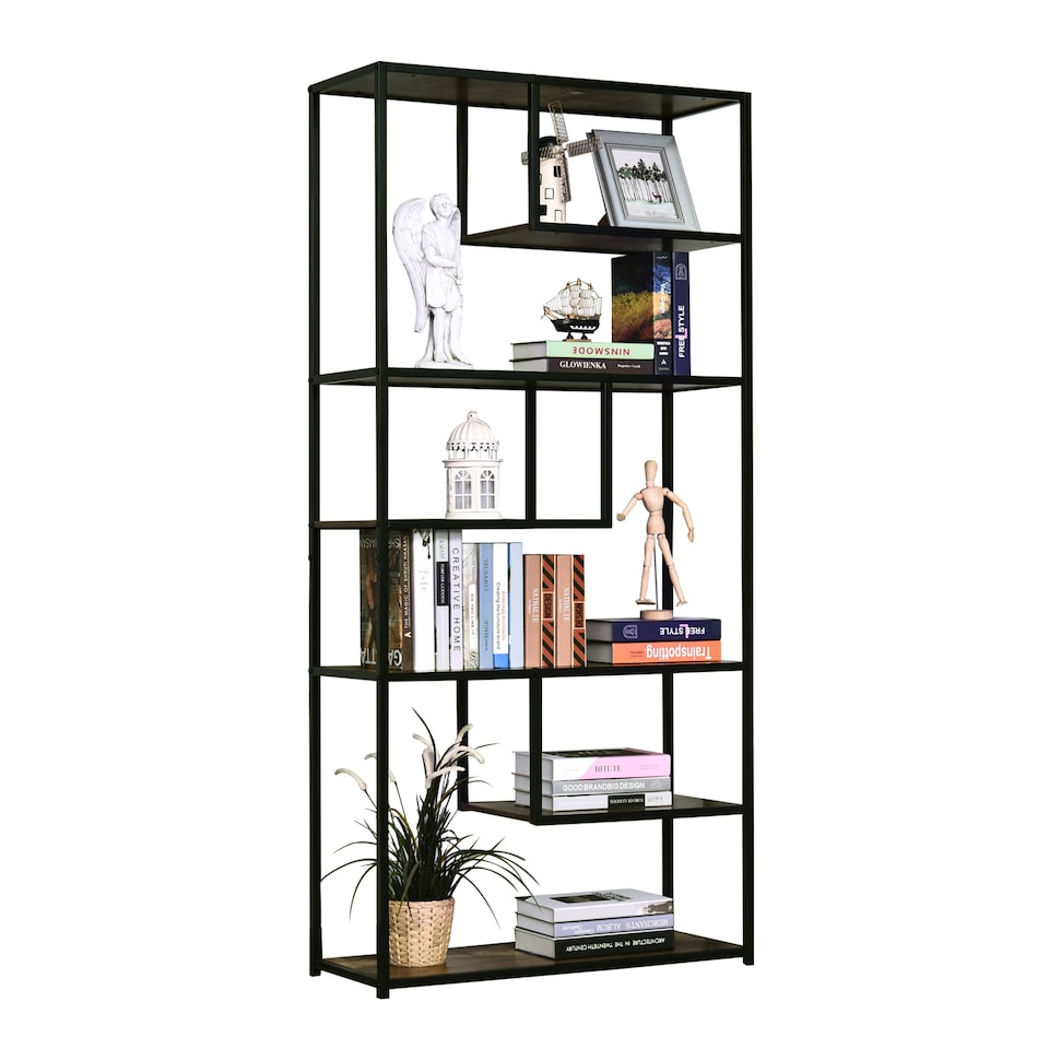 image 1 of HOMCOM 6 Tier Bookcase, Industrial Tall Shelf Unit with Steel Frame for Home Office, Study, Living Room, Hallway, 82 x 33.5 x 175 cm, Rustic Brown and Black