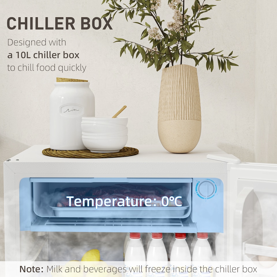 image 1 of HOMCOM Under Counter Fridge, 91L Small Fridge with Lock, Chiller Box, Removable Shelf, Reversible Door, Adjustable Legs, Mini Refrigerator, White