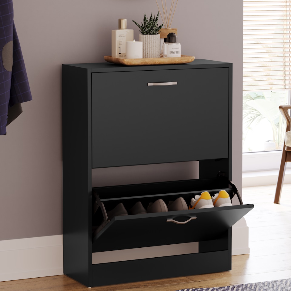 image 1 of Vida Designs 2 Drawer Shoe Cabinet Shoe Rack Storage Cupboard, Black