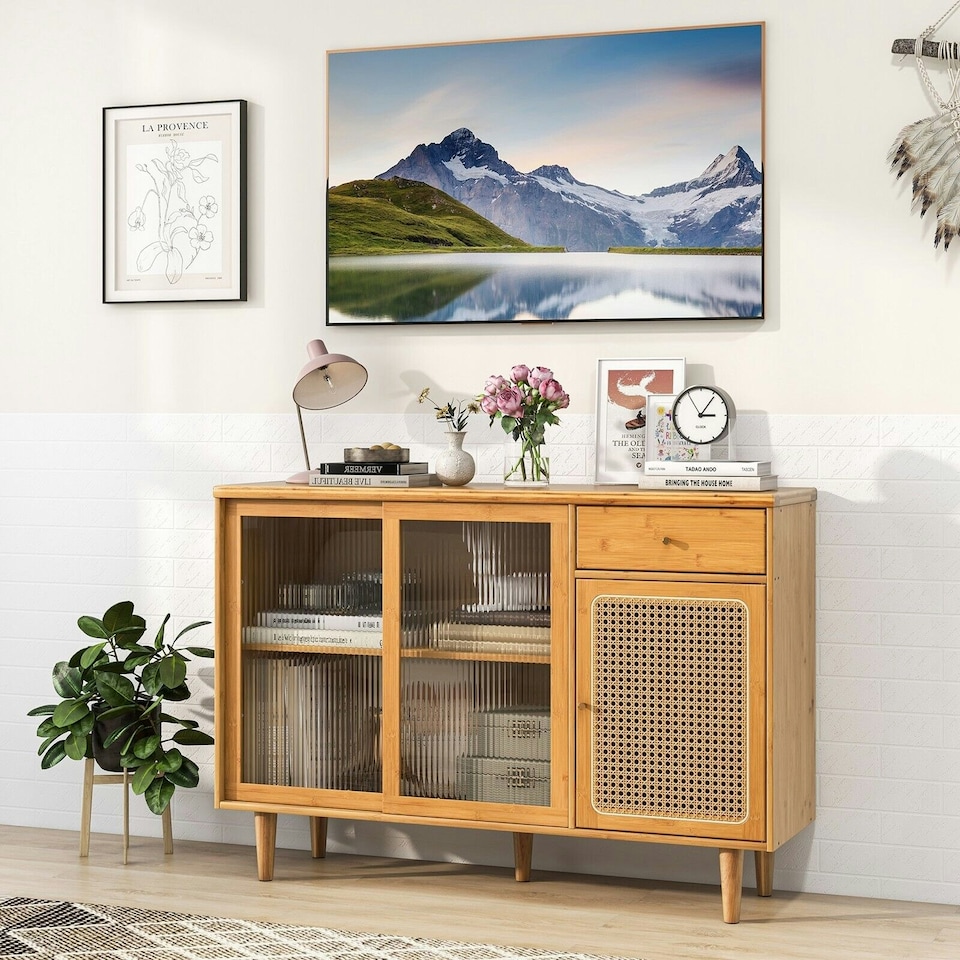 image 1 of COSTWAY Kitchen Buffet Sideboard Storage Cabinet Cupboard Brown