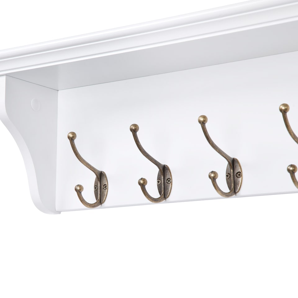 image 1 of Richmond White Wooden Wall Mounted Coat Rack - 9 Hooks, Shelf, Hallway, Bathroom | White