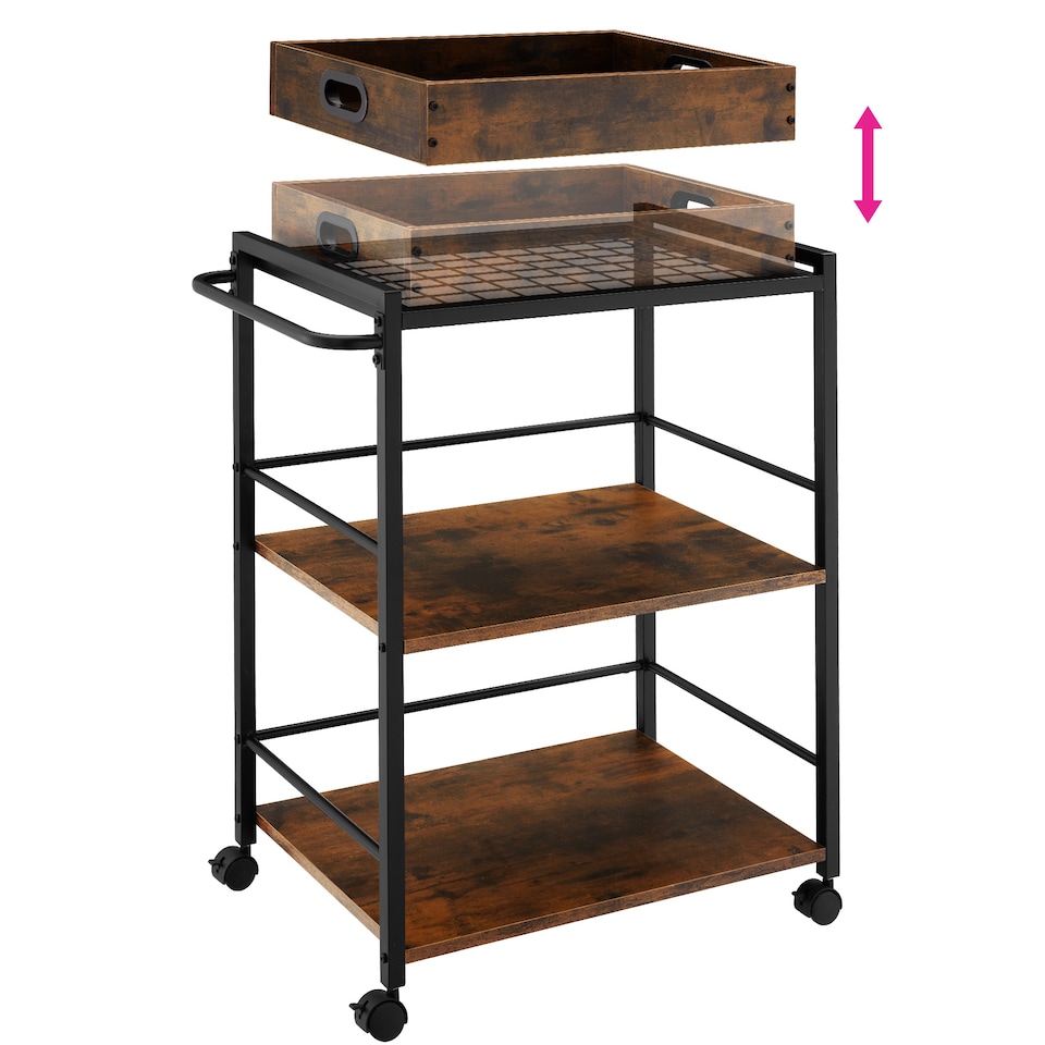 image 1 of Drinks Trolley Worcester - 3 shelves and removable tray, 4 swivel castors with parking brake | Brown | Industrial wood dark, rustic | 65 x 41,50 x 87 cm | 1
