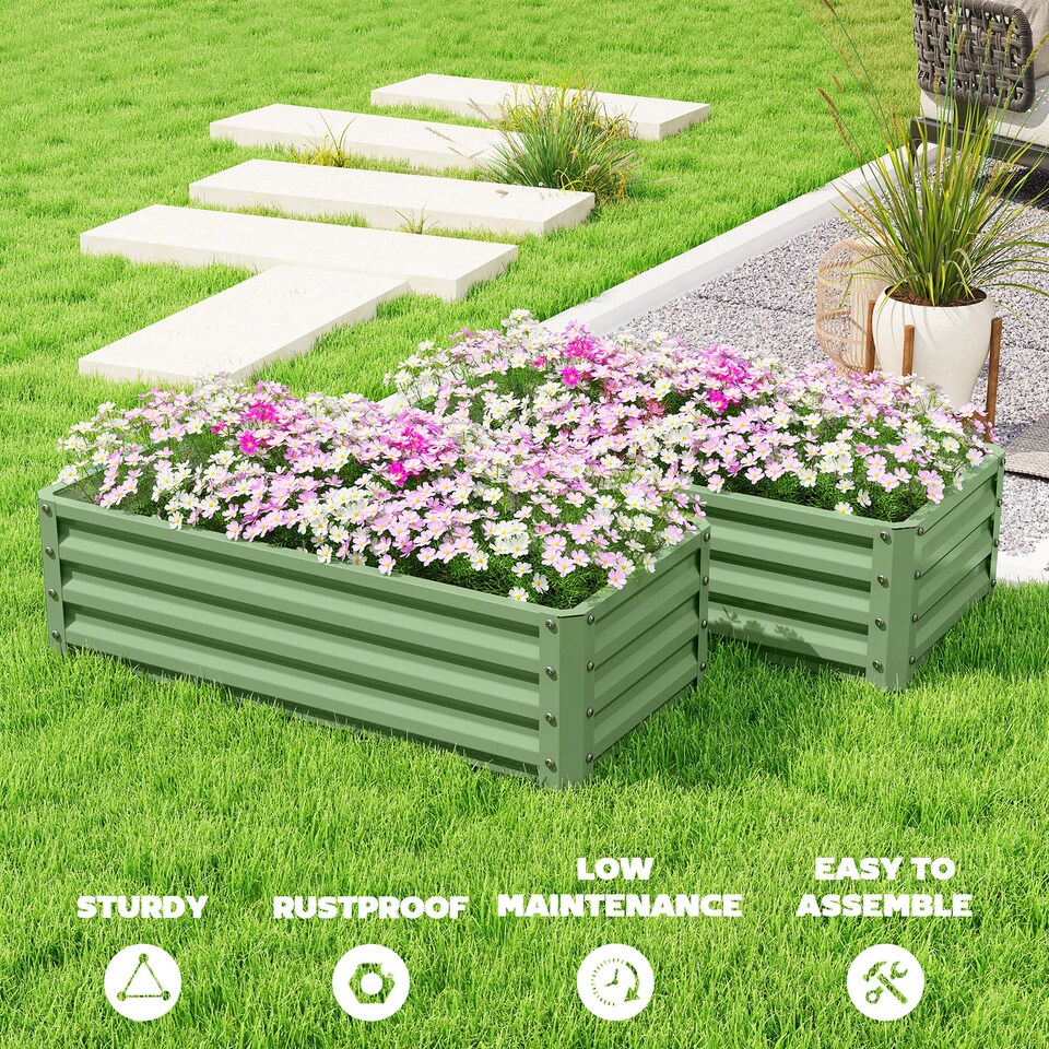 image 1 of Outsunny Set of 2 Raised Garden Bed Galvanised Planter Box, Light Green | Green | Green