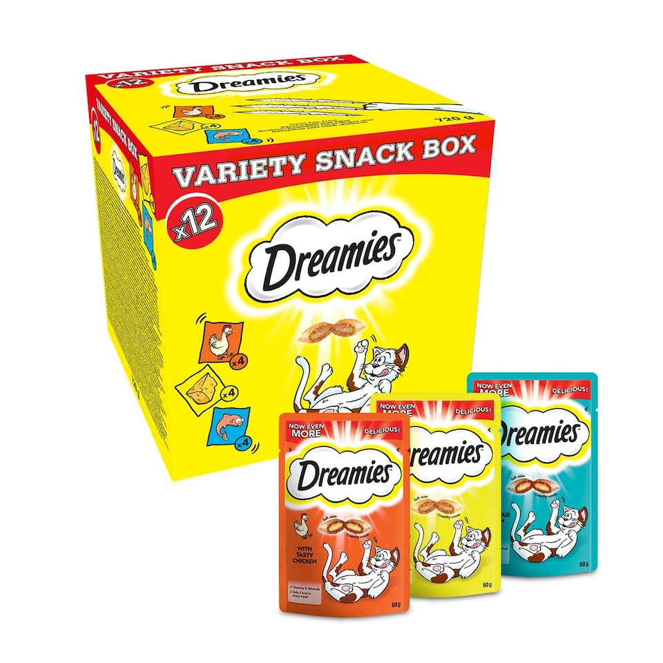 image 1 of 12 x 60g Dreamies Cat Treats Mixed Variety Snack Box Chicken Cheese & Salmon