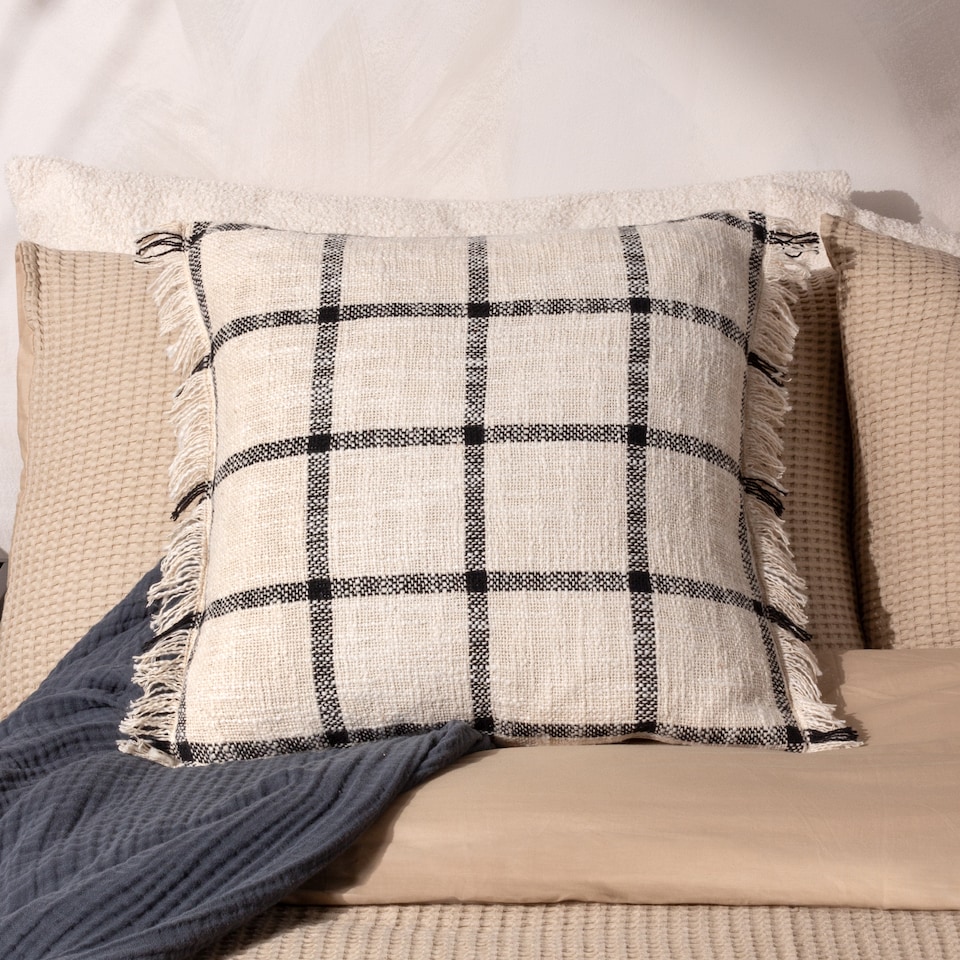 image 1 of Yard Beni Check Fringed Cushion, Natural/Black, 45 x 45cm