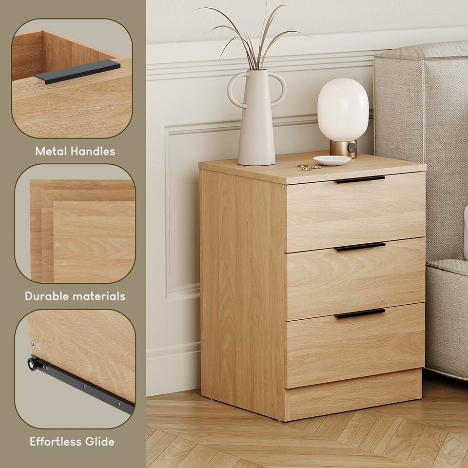 image 1 of Vida Designs Trega 3 Drawer Bedside Chest Bedroom Storage Unit, (H) 50cm x (W) 39cm x (D) 28cm, Pine