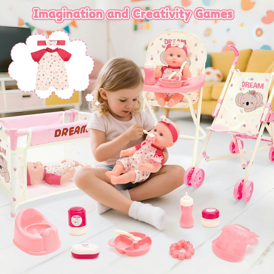 image 1 of Complete Baby Doll Accessories Nursery Set Pretend Role Play Cot Set for Kids Doll Crib High Chair Prentend PlayBrand