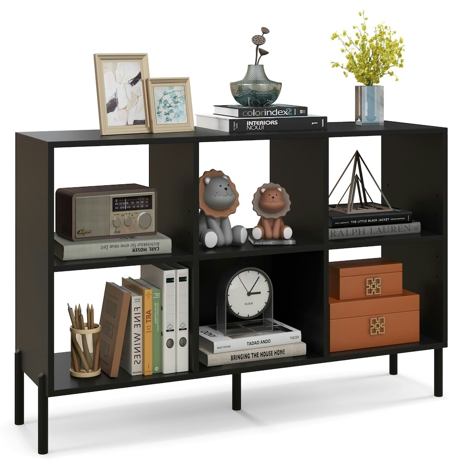 image 1 of COSTWAY Wooden Storage Bookcase 6 Cube Bookshelf Rack Black Black