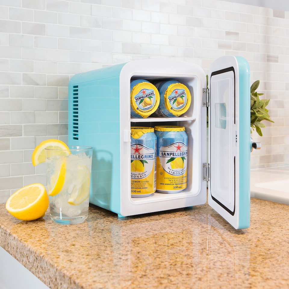 image 1 of Koolatron 4L Retro Portable Mini Fridge 12V DC 230V 6 Can Cooler Aqua