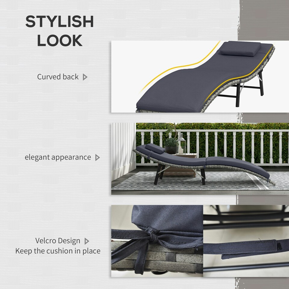 image 1 of Outsunny Folding Rattan Sun Lounger with Cushion and Pillow, Grey