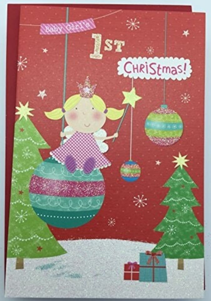 image 1 of Girls 1st Cute Christmas Greeting Card First Xmas 1 baby Keepsake Gift