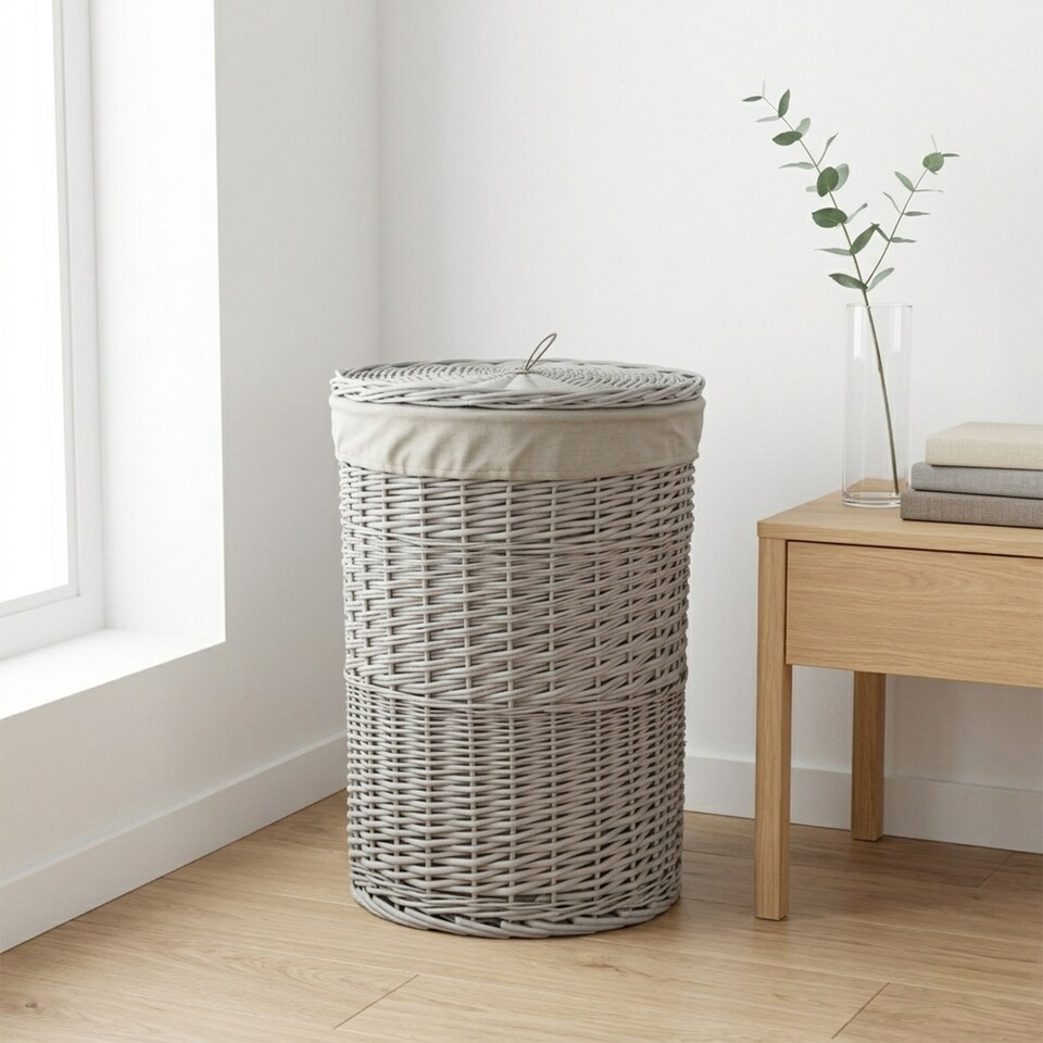 image 1 of Wicker Laundry Hamper Basket, Laundry Basket with Lid, Round Washing Baskets, Wicker Wash Baskets with Lining Bathroom Storage (Grey, Medium)