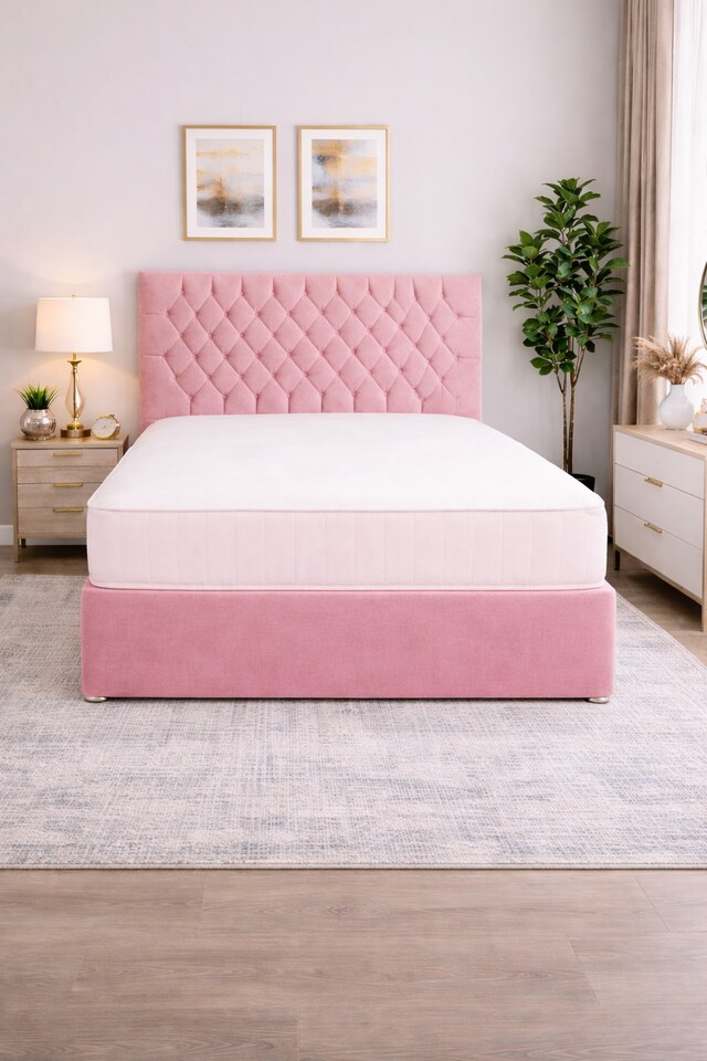image 1 of 4FT Small Double  Watermelon Pink Coniston Divan Bed Set with Headboard & Orthopedic Mattress 2 Drawers One Each Side