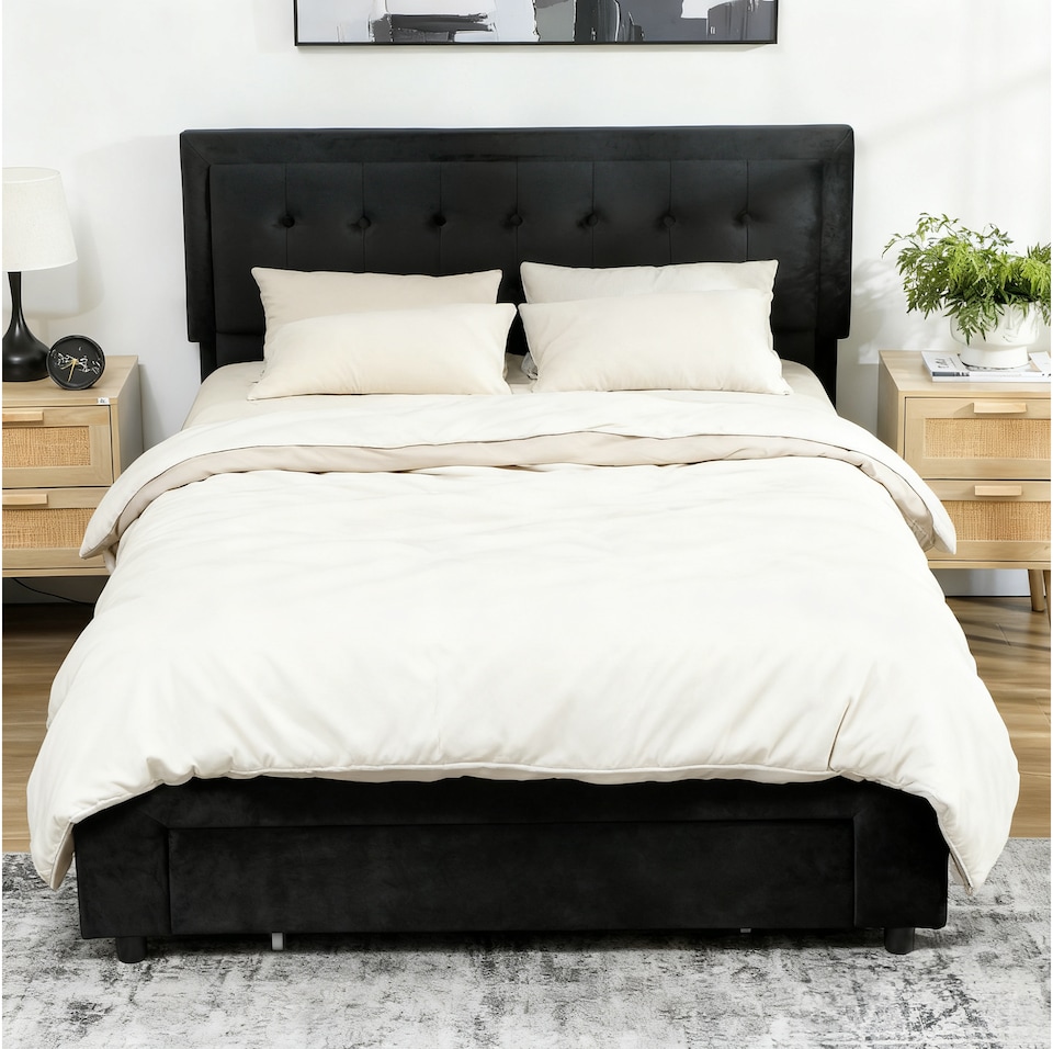 image 1 of HOMCOM King Size Bed Frame with Storage and Adjustable Headboard, Black | Black