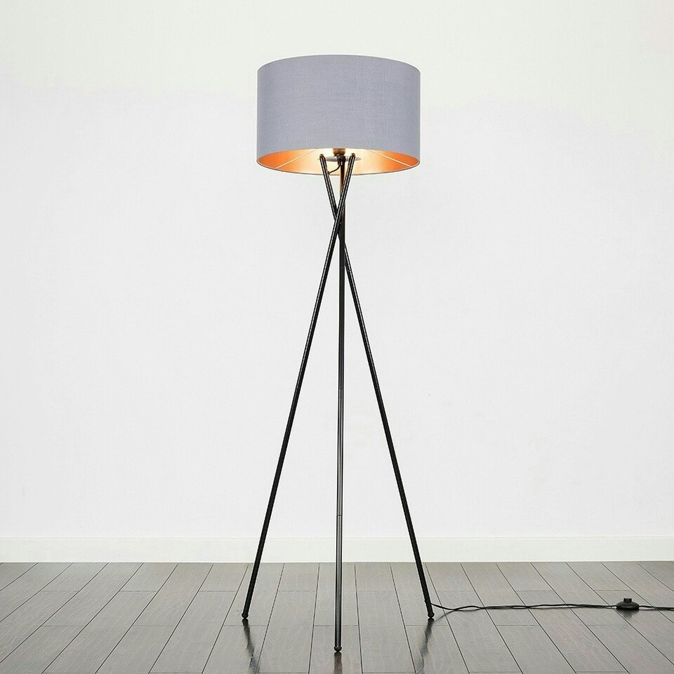 image 1 of ValueLights Camden Black Tripod Floor Lamp Grey & Copper Shade & Bulb Copper