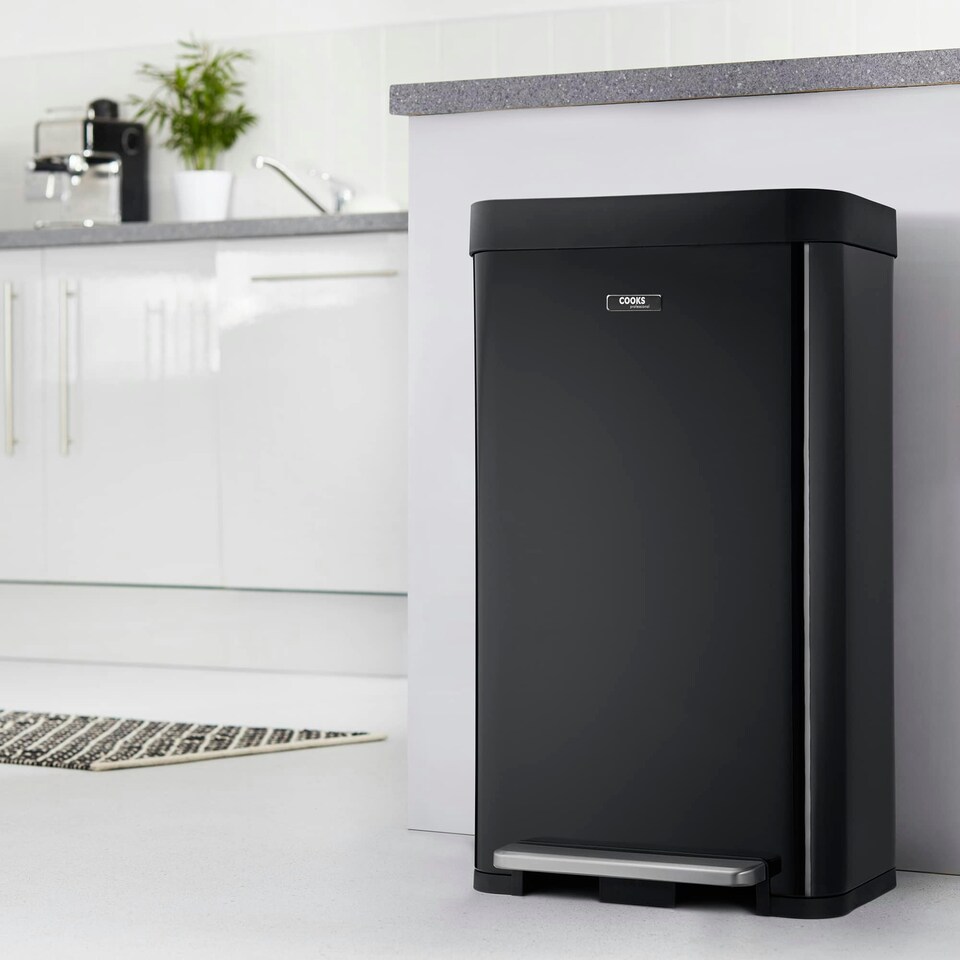 image 1 of Cooks Professional X-Large Pedal Bin 65L - Stainless Steel Handsfree Kitchen Recycling Waste Dustbin - Matt Black Black