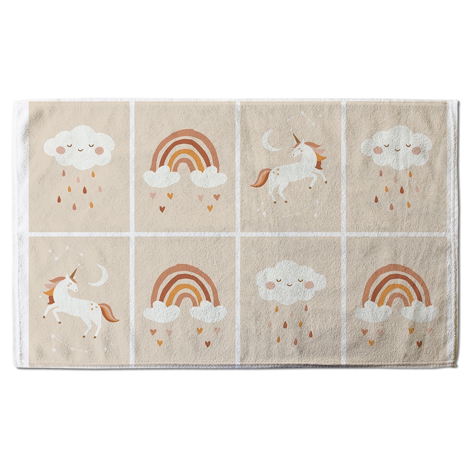 image 1 of Cute Hand Drawn Unicorn, Rainbow and Cloud Designer Bath Towel | Multi
