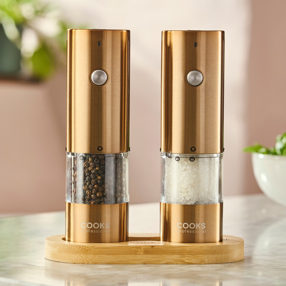 image 1 of Cooks Professional Rechargeable Salt and Pepper Mill Set with Bamboo Base