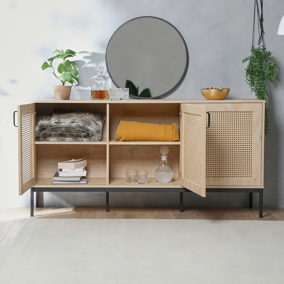 image 1 of VonHaus Rattan Sideboard with 3 Storage Doors & 6 Shelves