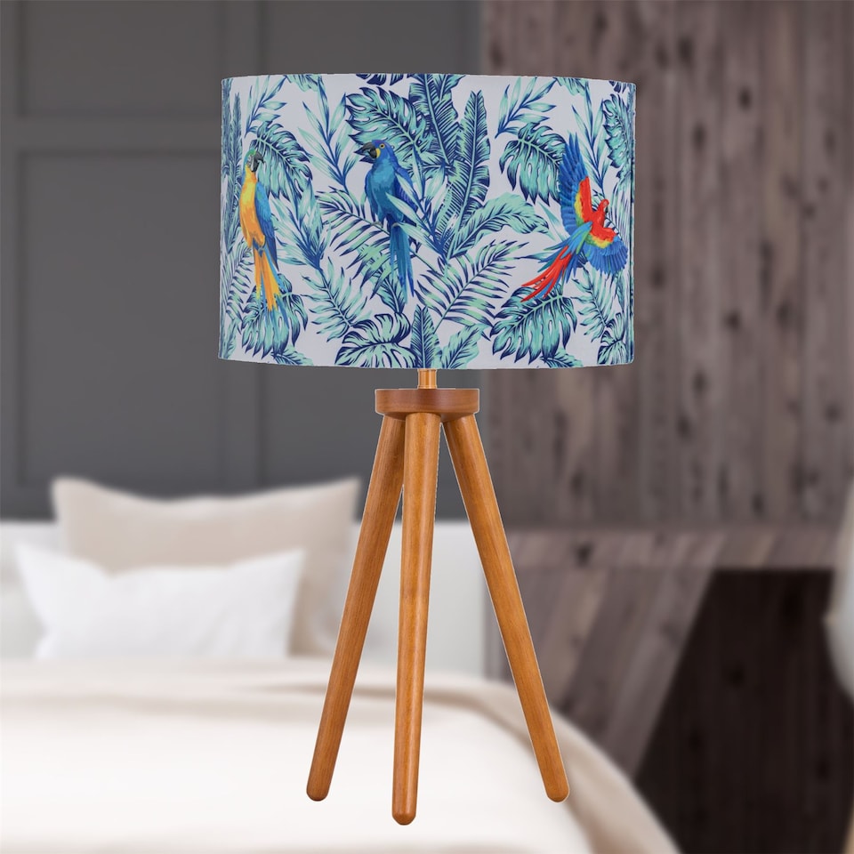 image 1 of Set of 2 Dark Oak Table Lamp or Bedside Lights with Parrot Shades | Brown | Multi | Large | 2