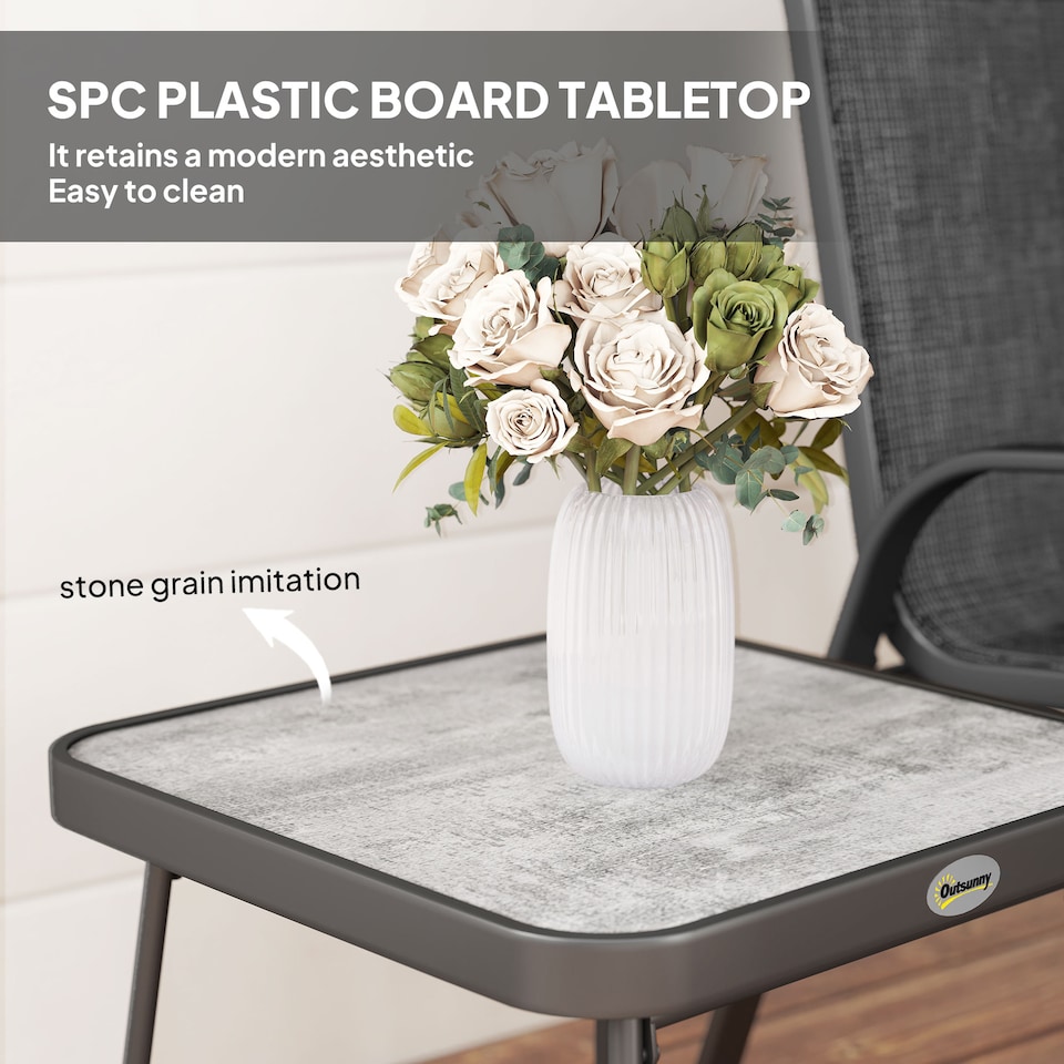 image 1 of Outsunny Garden Bistro Set, 3 Piece Garden Furniture Set with Stackable Armchairs and SPC Board Coffee Table, Bistro Table and Chairs with Texteline Seats for Balcony, Porch, Black