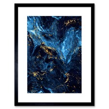Abstract Dark Blue Gold Fluid Paint Bathroom 9x7" Black Framed Wall Art Print