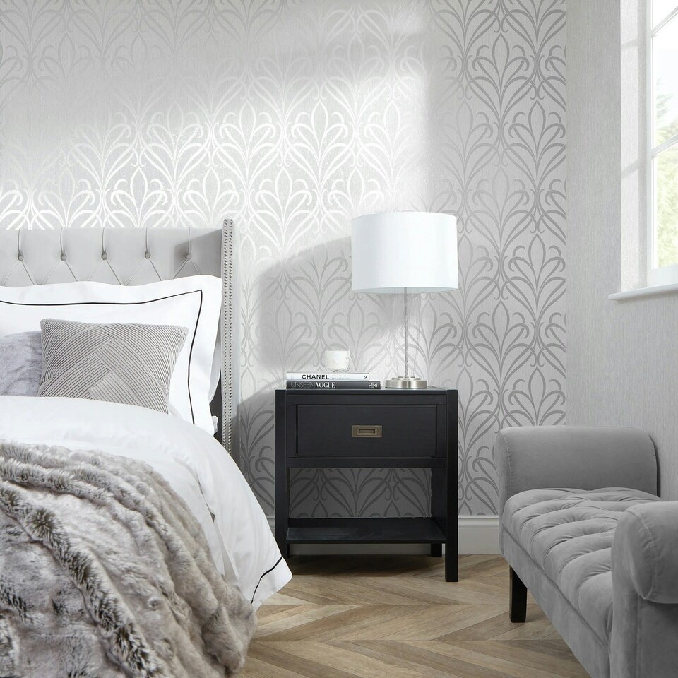 image 1 of Camden Damask Wallpaper in Soft Grey and Silver Multi