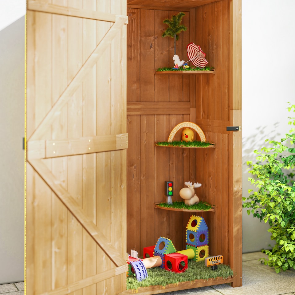 image 1 of Outsunny Garden Shed Vertical Utility 3 Shelves Shed Wood Outdoor Garden Tool Storage Unit Storage Cabinet, 77 x 54.2 x 179cm Brown