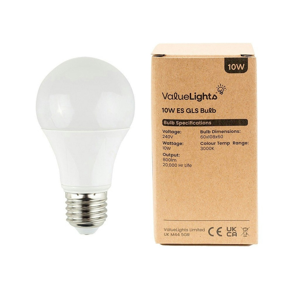 image 1 of ValueLights 2 Pack E27 White Plastic GLS LED 10W Cool White 6500K 800lm Light Bulb